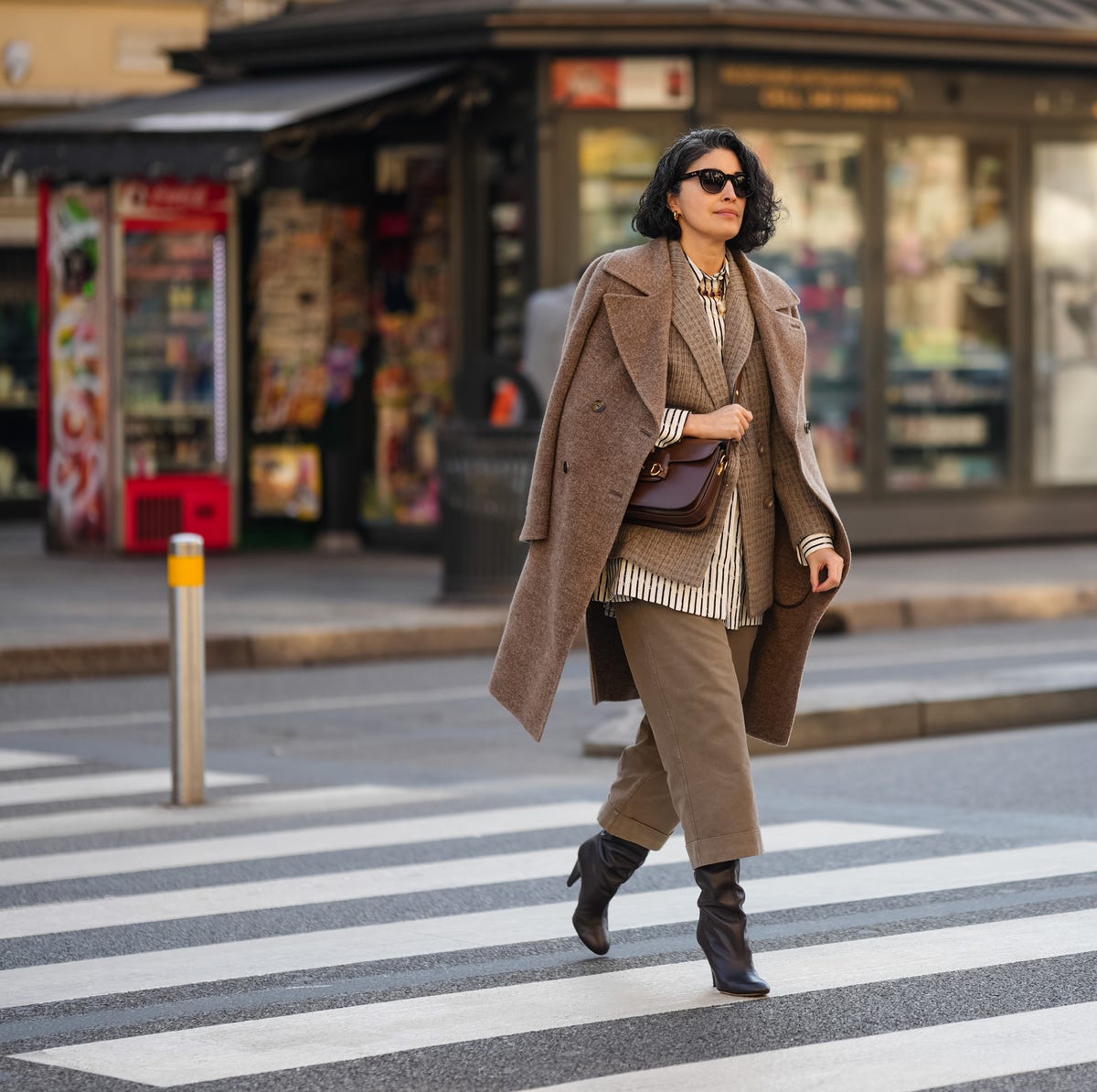 Draped Brown Coat Over Blazer and Striped Shirt — Neutral Winter Outfits