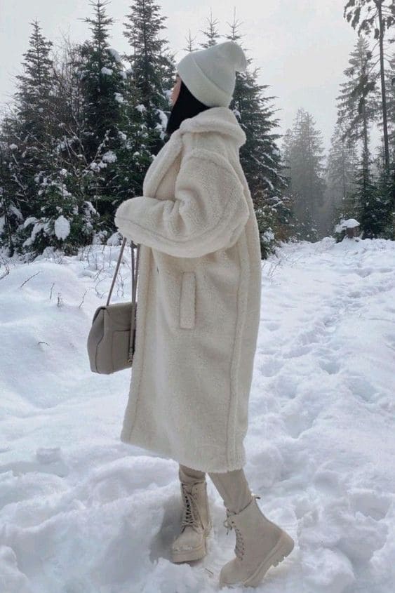 Cream Sherpa Fleece Coat in Snowy Landscape — Cold Weather Outfits