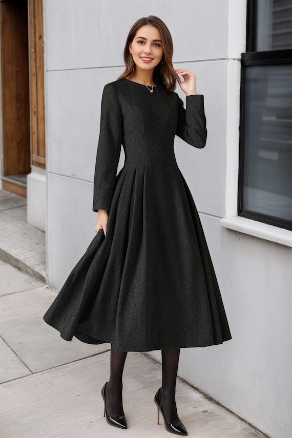 Charcoal Grey Wool Midi with Pleated Skirt — Winter Formal Dresses