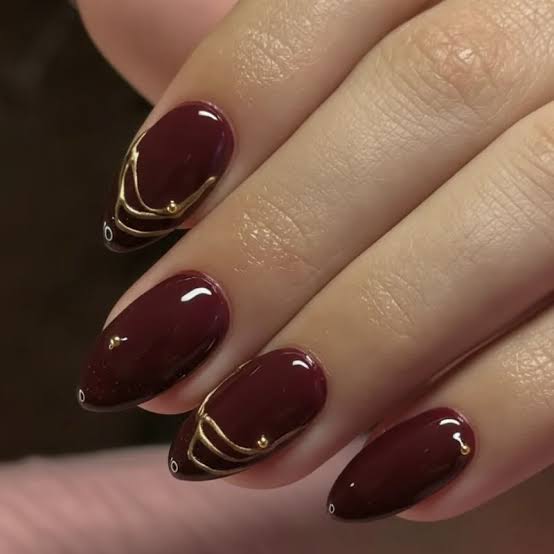 Deep Burgundy with Gold Curved Lines — Fall to Winter Nails