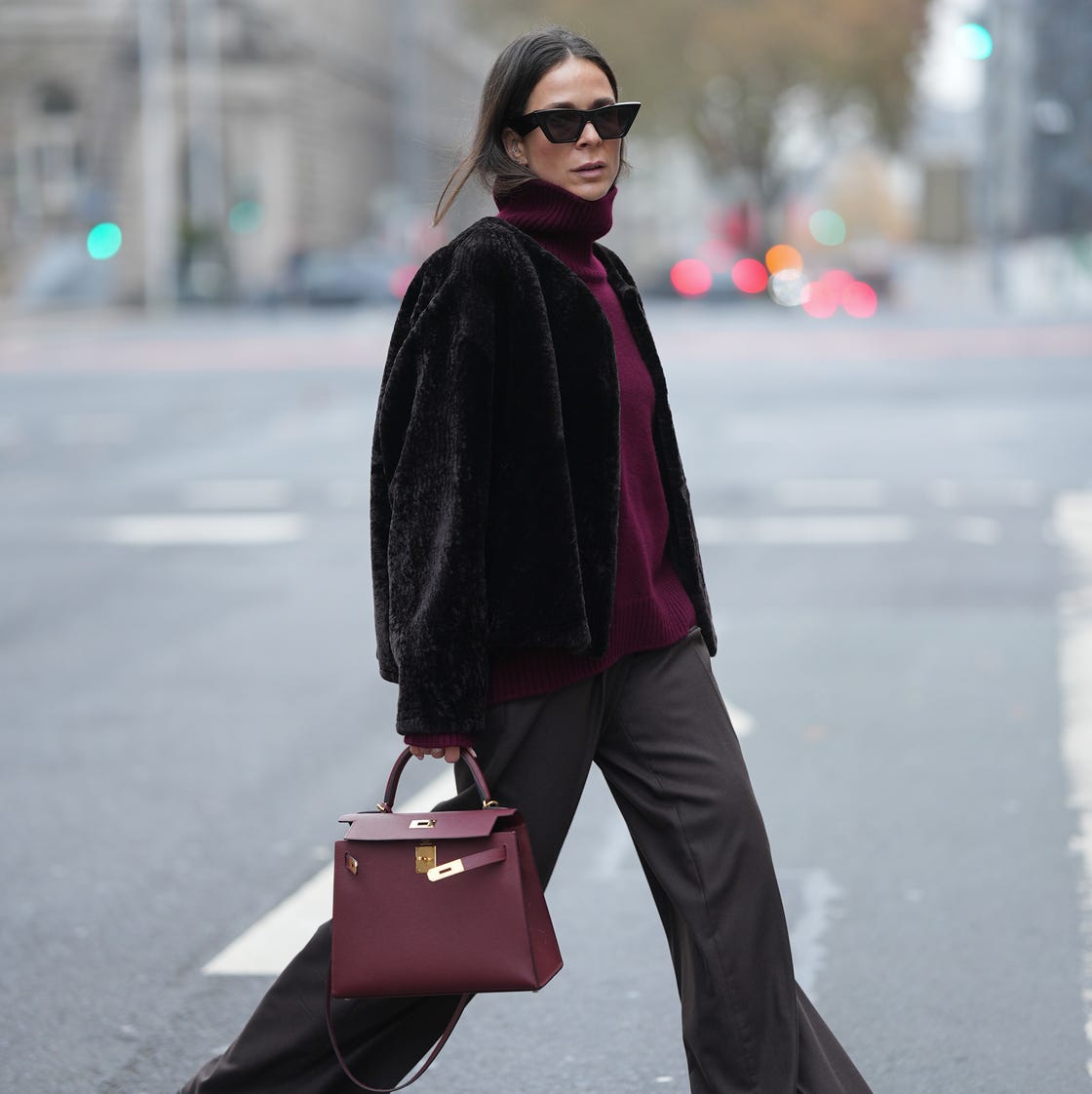 Burgundy Turtleneck and Faux Fur Jacket with Trousers Burgundy Turtleneck and Faux Fur Jacket with Trousers β Warm Winter Outfits