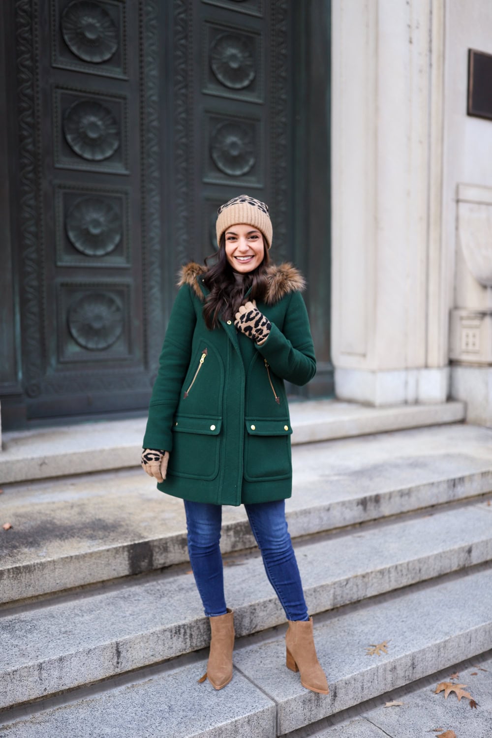 Green Parka with Faux Fur Trim and Leopard Accents Green Parka with Faux Fur Trim and Leopard Accents β Winter Outfits for Petite Women