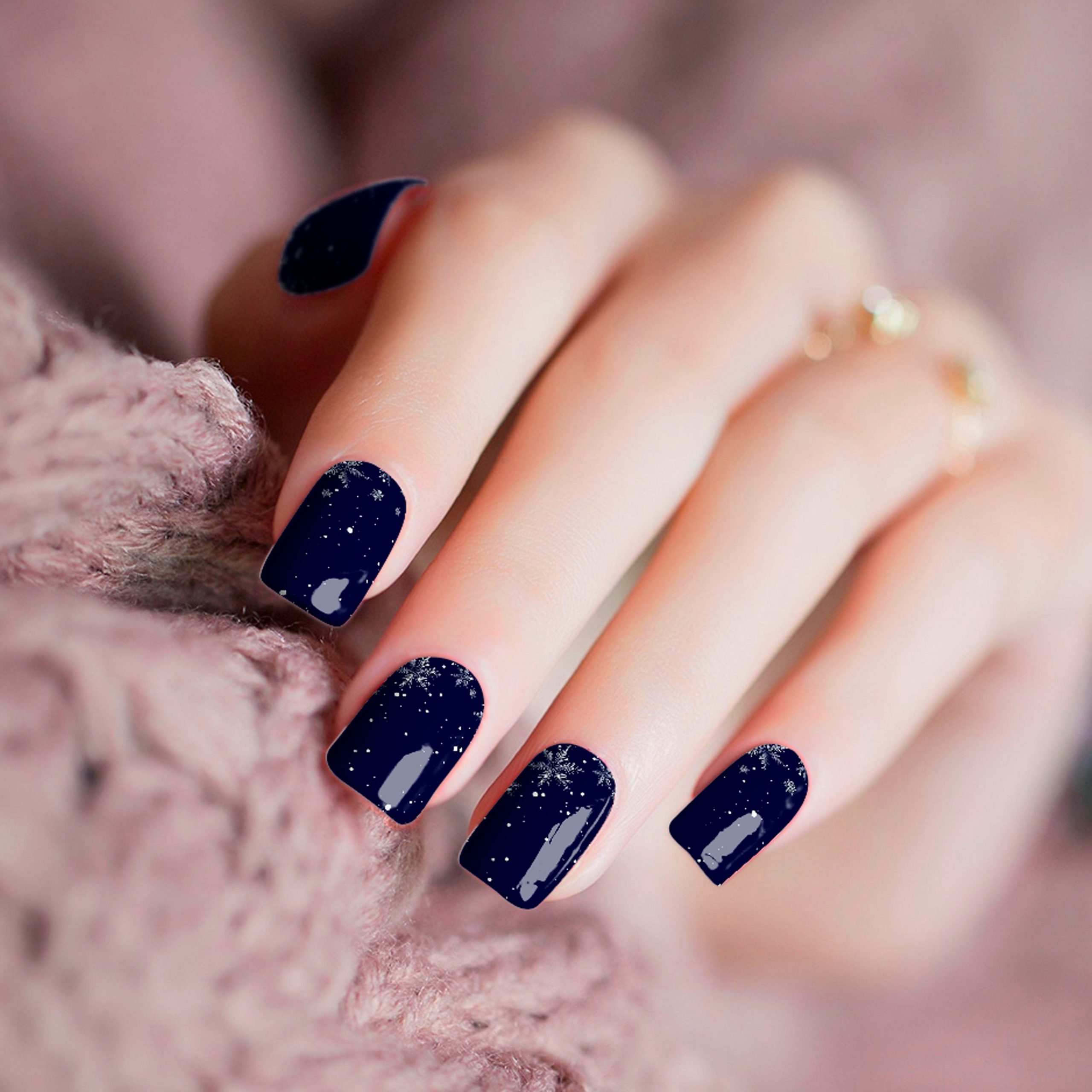 White Snowflake Decals On Accent Nails Visual Idea — Winter Gel Nail Colors