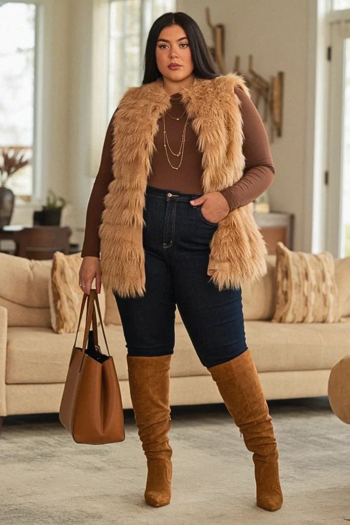 Earthy Tones: Faux Fur Vest, Denim, and Tall Suede Boots Earthy Tones: Faux Fur Vest, Denim, and Tall Suede Boots β Ankle Boots Outfits