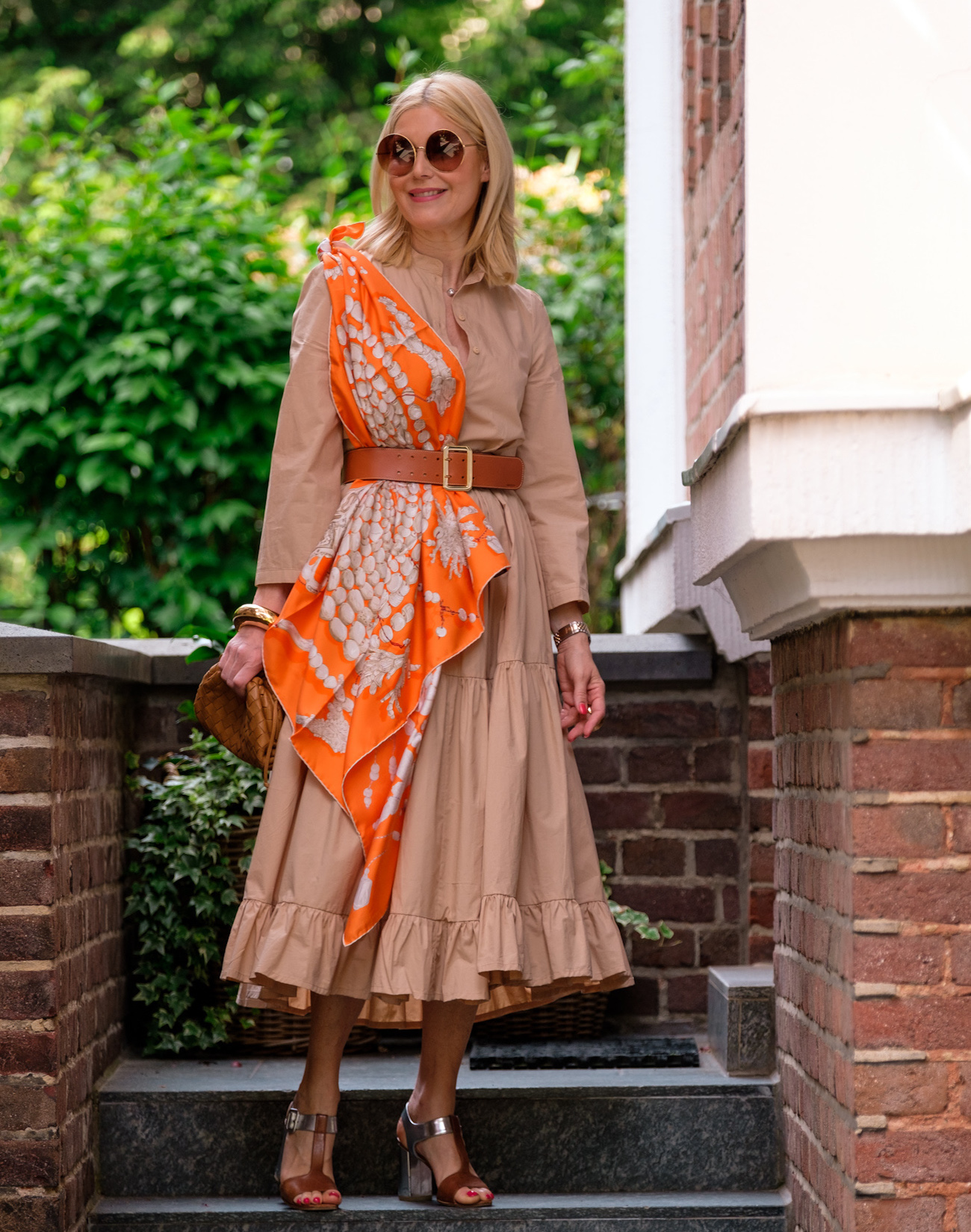 Oversized Scarf Draped Over a Tiered Dress — Scarf Outfits