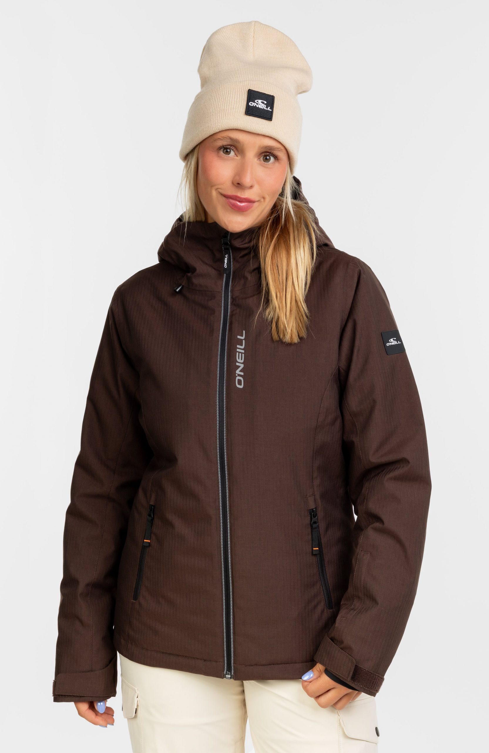 Textured Brown Hooded Jacket with Orange Accents for Winter Sports — Winter Jackets for Women