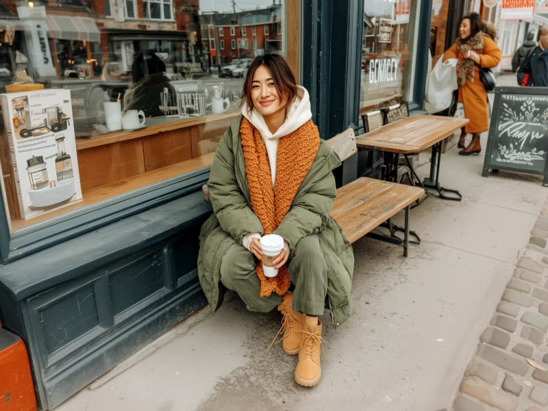 Statement Scarf Style: Olive Puffer Coat with Orange Scarf Statement Scarf Style: Olive Puffer Coat with Orange Scarf β Comfy Winter Outfits