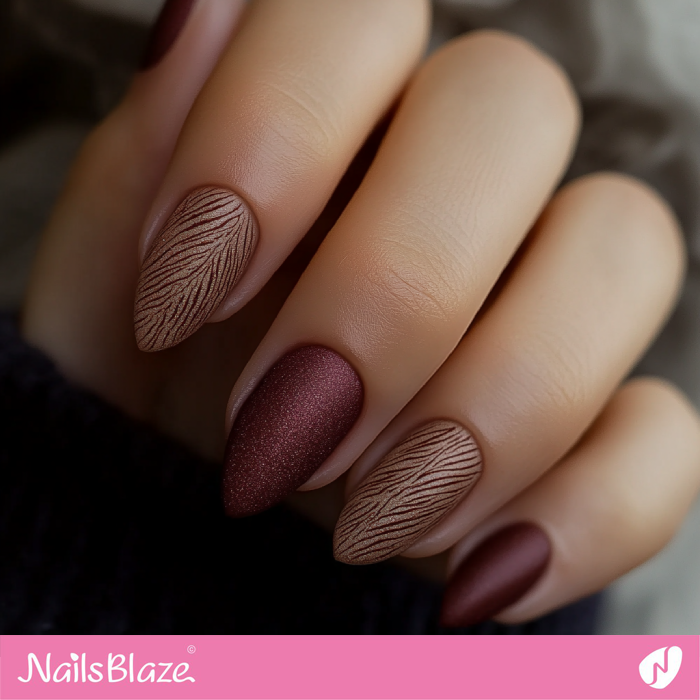 Burgundy Matte with Feather Pattern Burgundy Matte with Feather Pattern β Winter Matte Nails