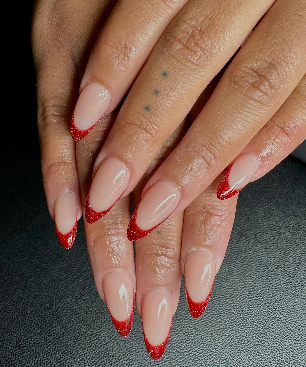 Red Glitter French Tips — Winter Red Nails