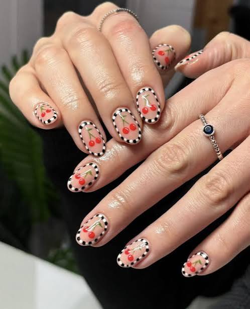 Medium Coffin French with Cherry Art — Cherry Red Nails