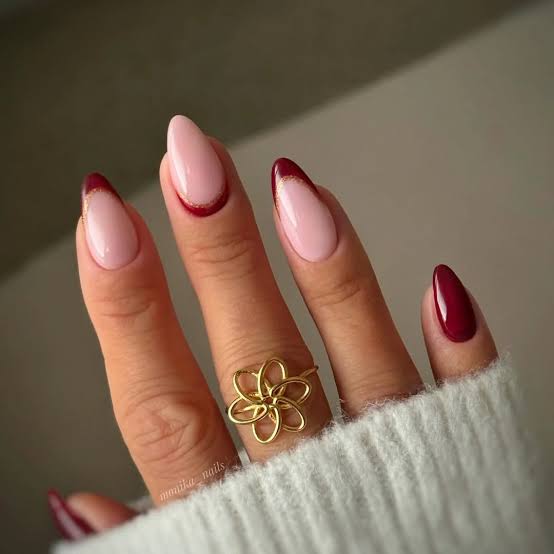 Deep Red Glitter Outline French Almonds Deep Red Glitter Outline French Almonds β Christmas Nail Colors 2026