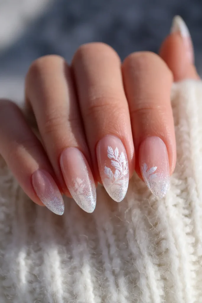 Nude Glitter Gradient Leaf Nails — Winter White Nails