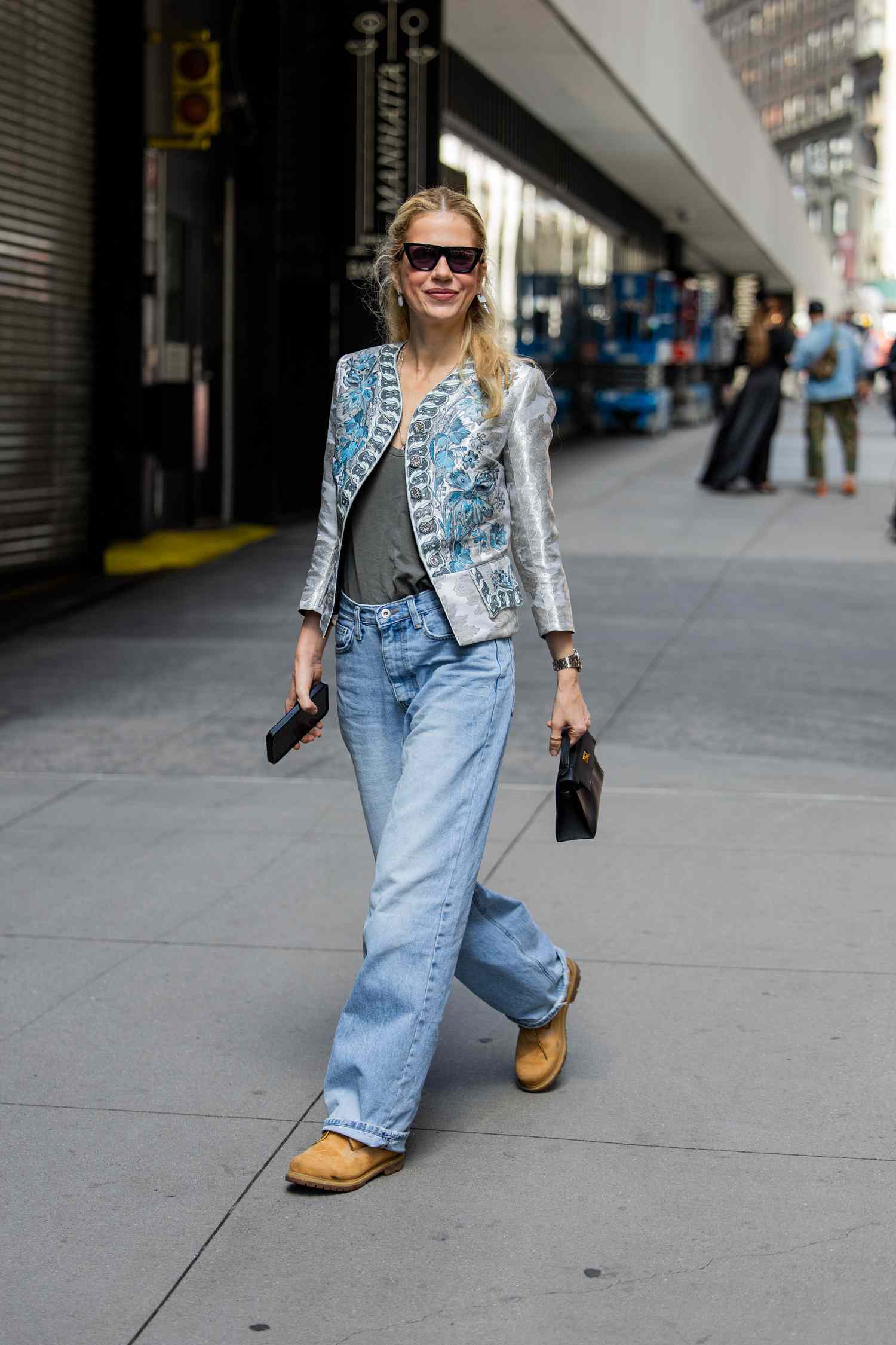 Statement Jacket with Wide-Leg Jeans and Tan Timberlands — Timberland Boots Outfits