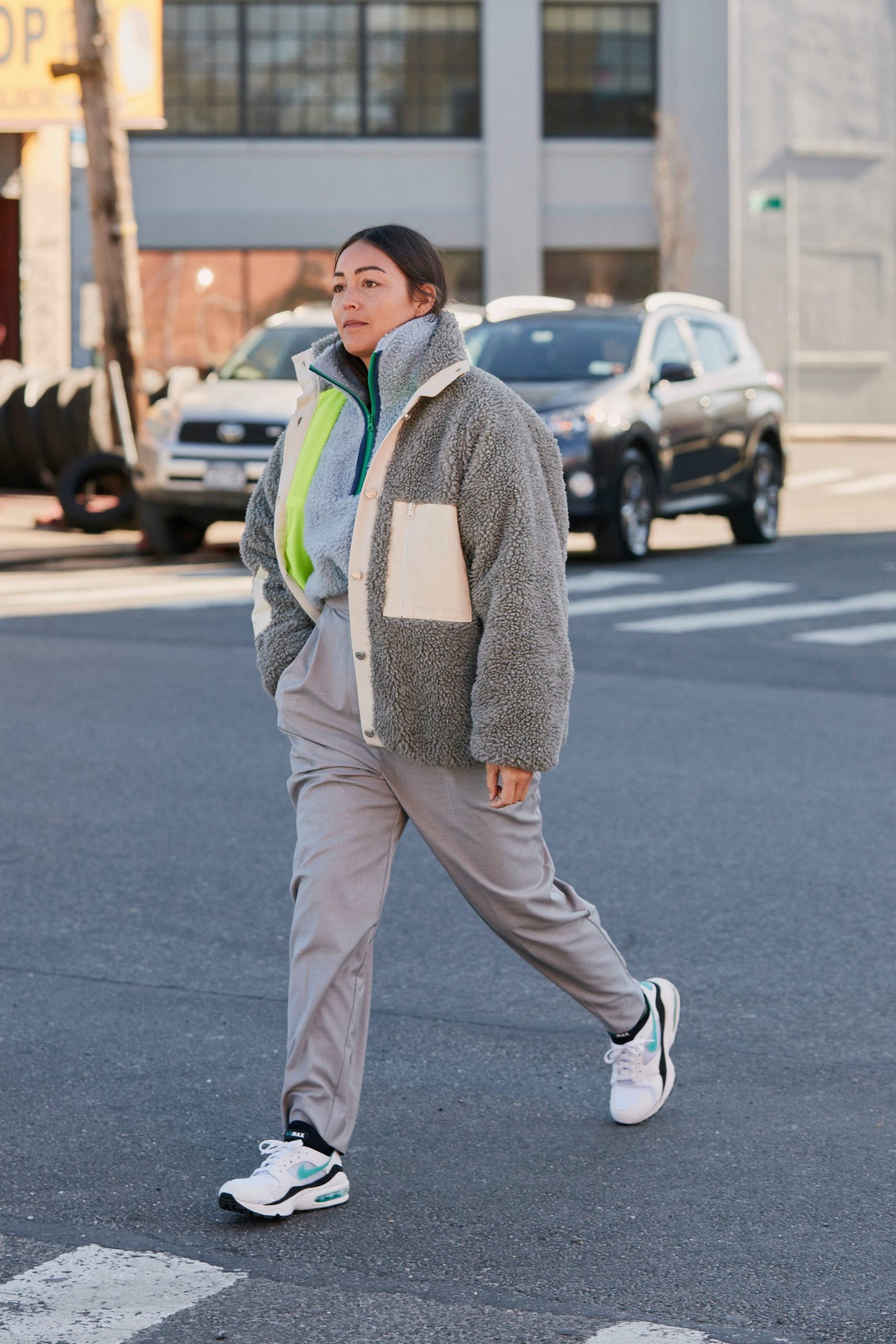 Grey Sherpa Fleece Jacket Layered Look — Fleece Jacket Outfits