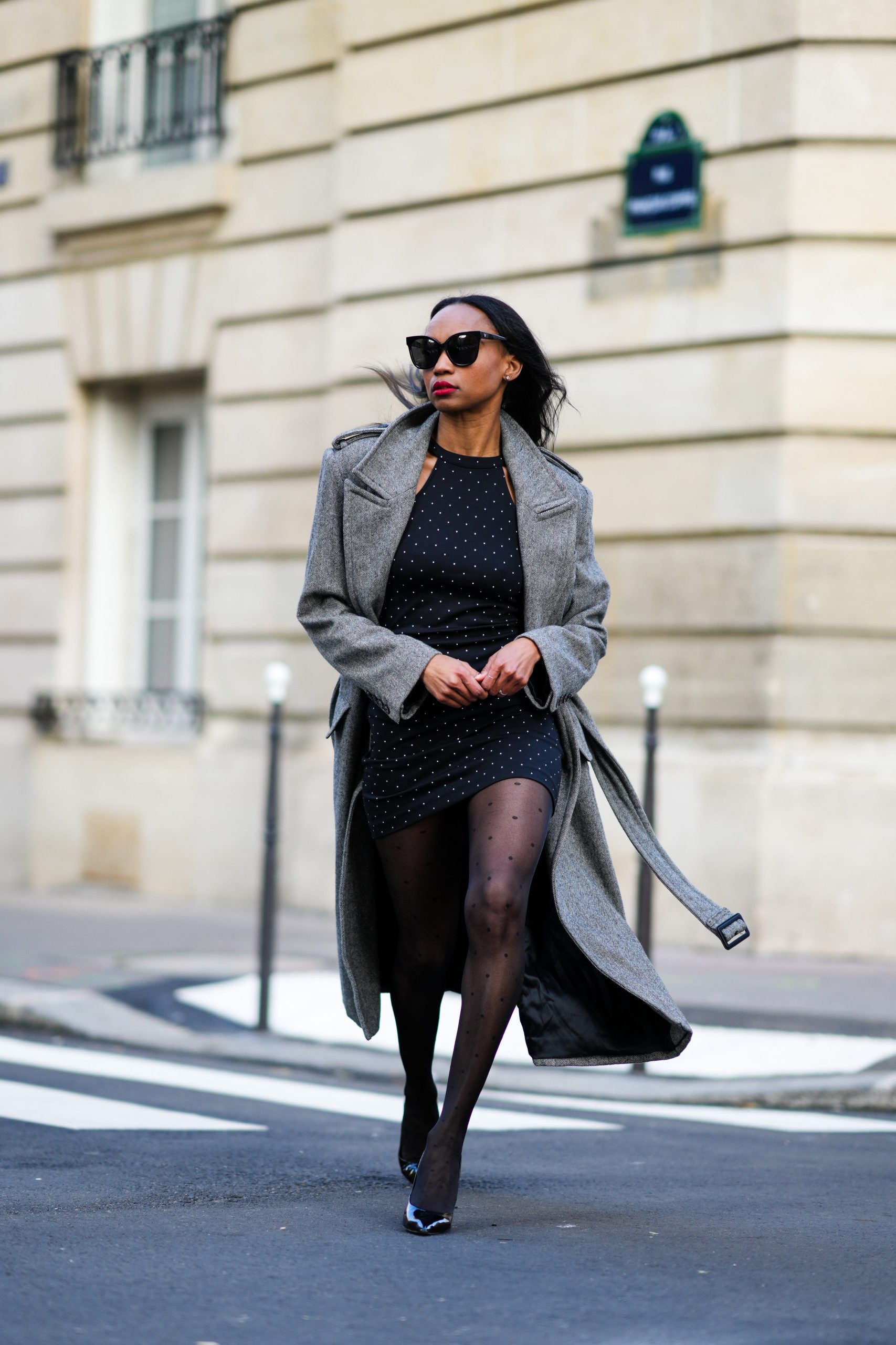 Grey Wool Trench Coat Over a Polka Dot Mini Dress — February Outfits