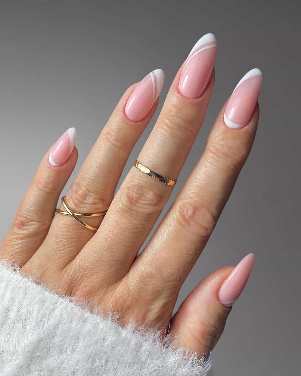 Pale Pink French with White Line Accents Pale Pink French with White Line Accents β Long Winter Almond Nails
