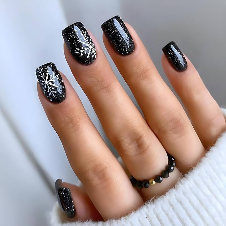 Dramatic Black Glitter Snowflake Nails — Short Winter Nails