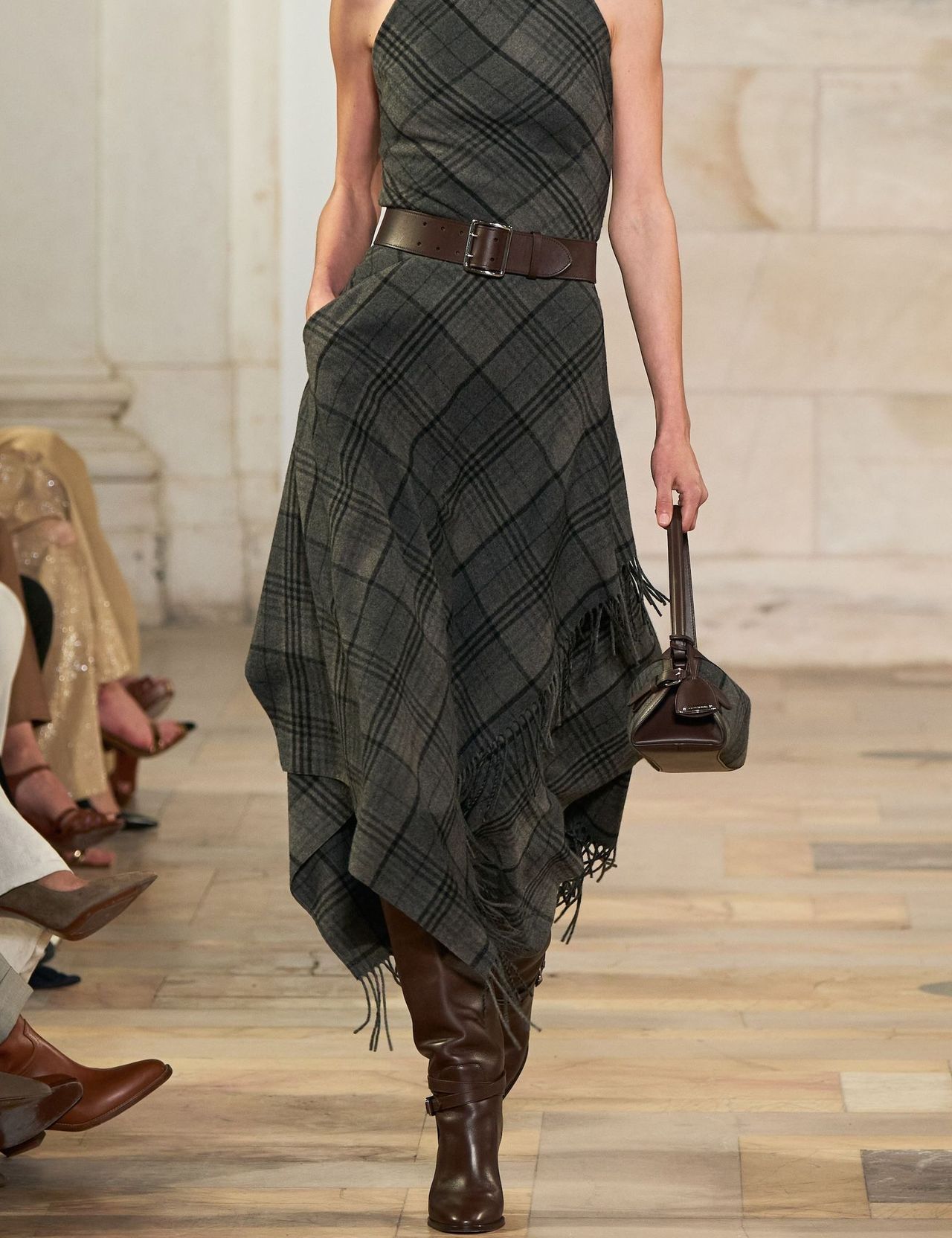Plaid Midi Dress with Fringed Hem and Leather Boots — Boho Winter Outfits