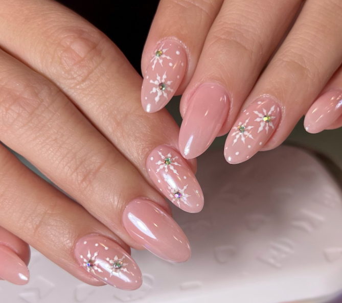 Milky Pink Snowflakes Rhinestones Milky Pink Snowflakes Rhinestones β Winter Nail Art Simple