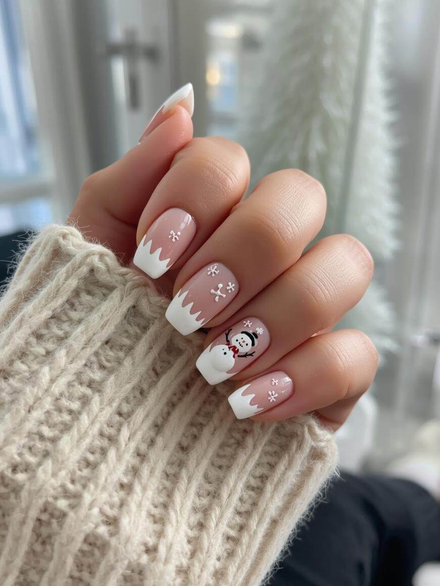 Nude Snowman French Tip Square Nails Nude Snowman French Tip Square Nails β Winter Birthday Nails