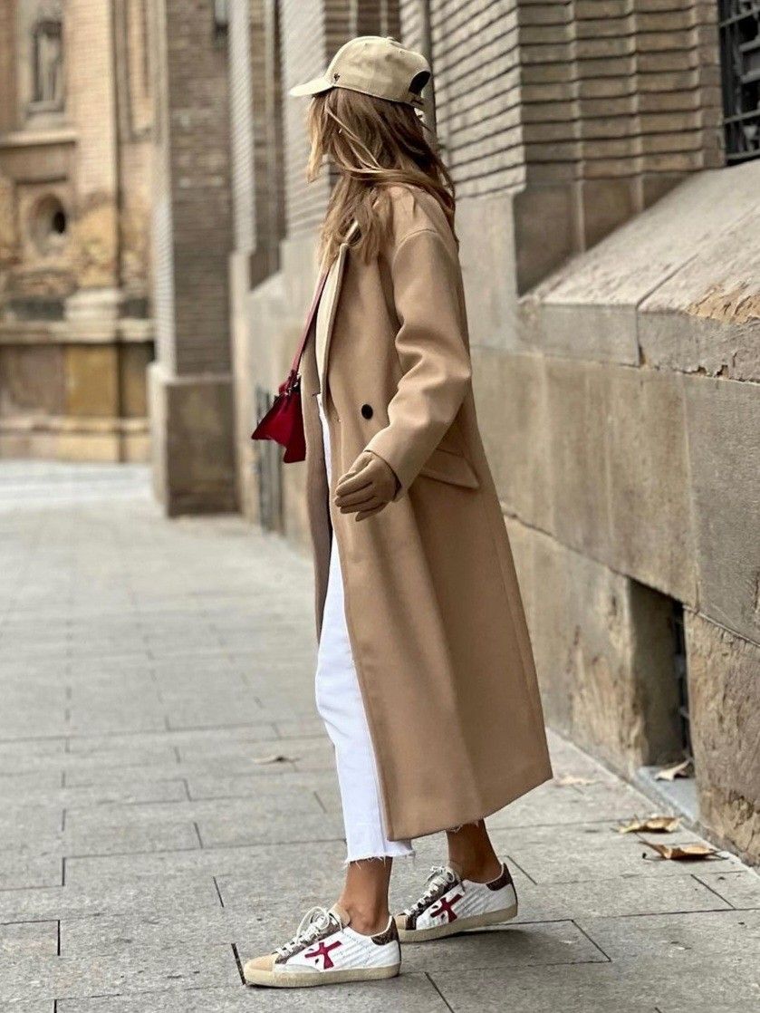 Camel Coat and White Jeans with Red Detail Sneakers — Winter Outfits with Sneakers