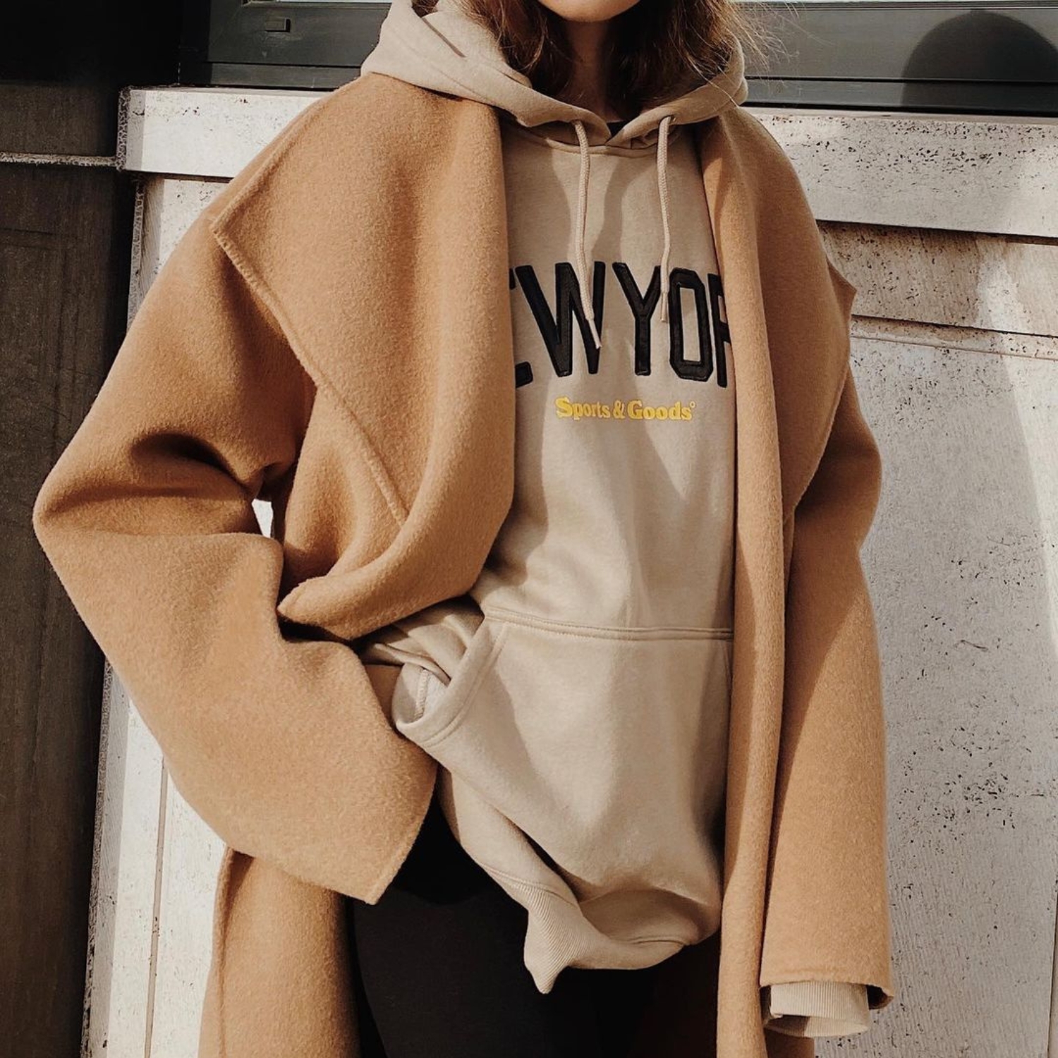 Beige Hoodie Under an Oversized Camel Coat — Hoodie Outfits