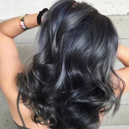 Dark Gray Highlighted Mid Back Waves Dark Gray Highlighted Mid Back Waves β Winter Hair Colors for Gray Hair