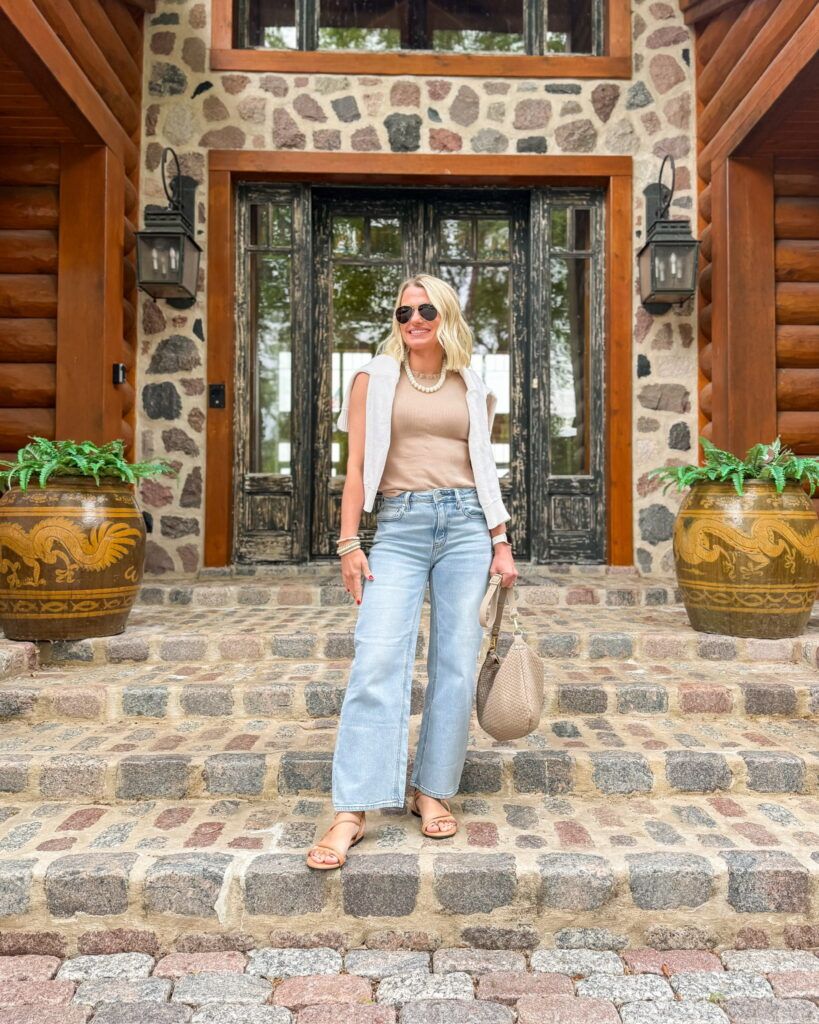Sleeveless Vest and Wide-Leg Jeans for a Cabin Trip — Cabin Trip Outfits