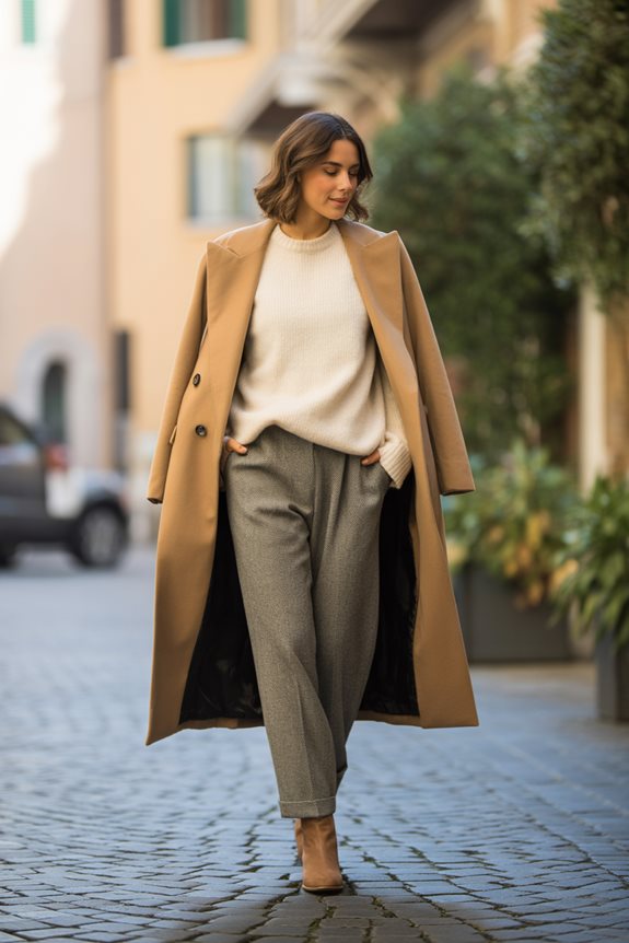 Full-Length Camel Coat with Tan Ankle Boots — Italy Winter Outfits