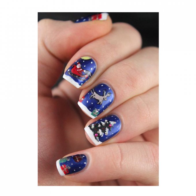 Dark Blue with Santa, Reindeer, and Snow Tree Art — Christmas Nails for Kids 2026