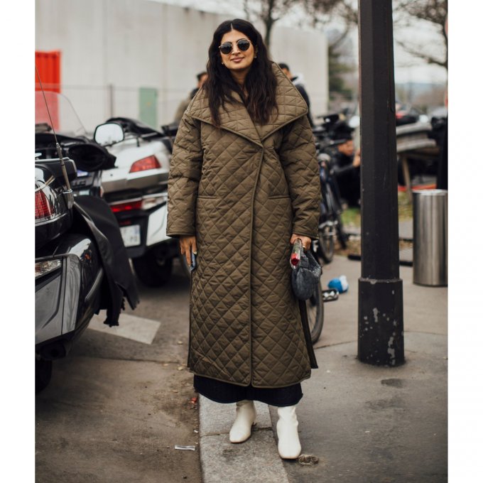 Olive Green Quilted Puffer Coat with Dark Trousers — Winter Puffer Jacket Outfits
