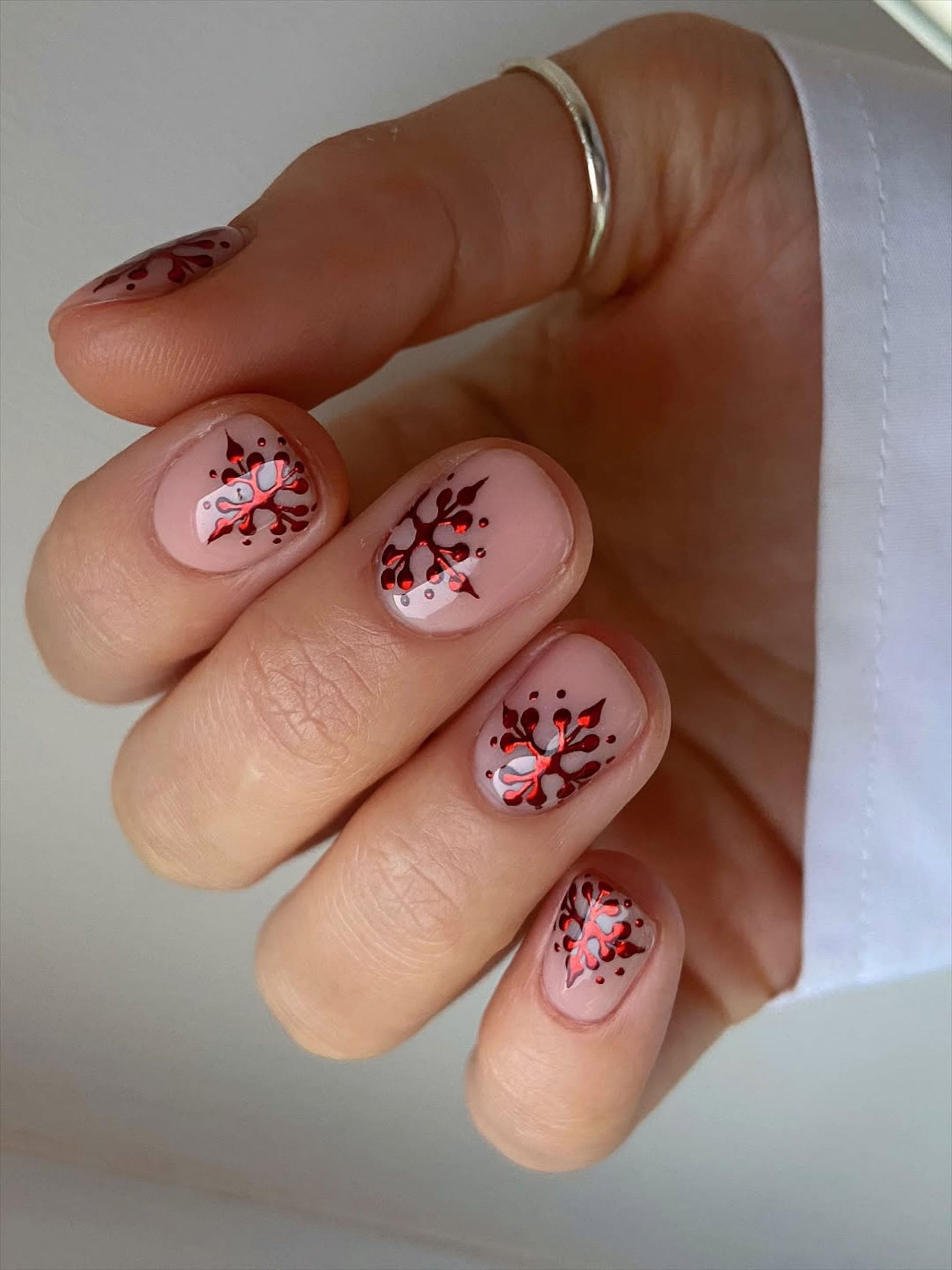 Sheer Nude with Red Snowflake Decals Sheer Nude with Red Snowflake Decals β Classy Short Winter Nails