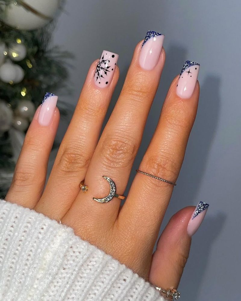Black Snowflake and Blue Glitter French — Cute Winter Nails