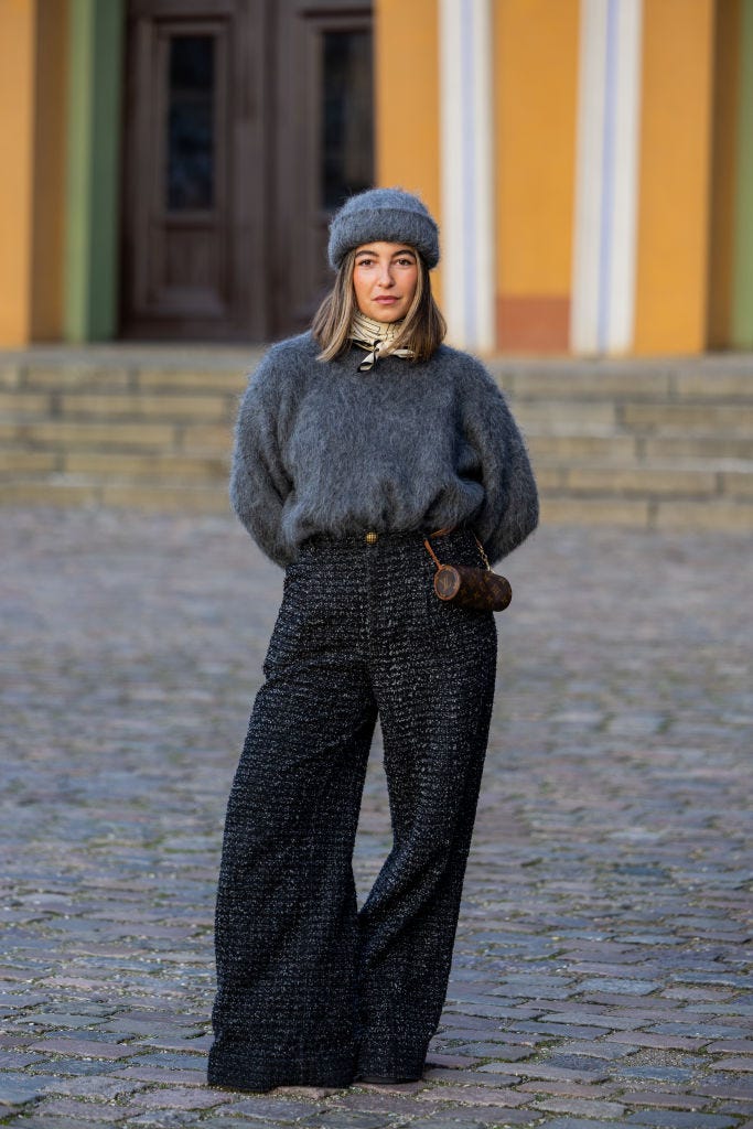 Fluffy Knit Sweater with Textured Wide-Leg Trousers — December Outfits