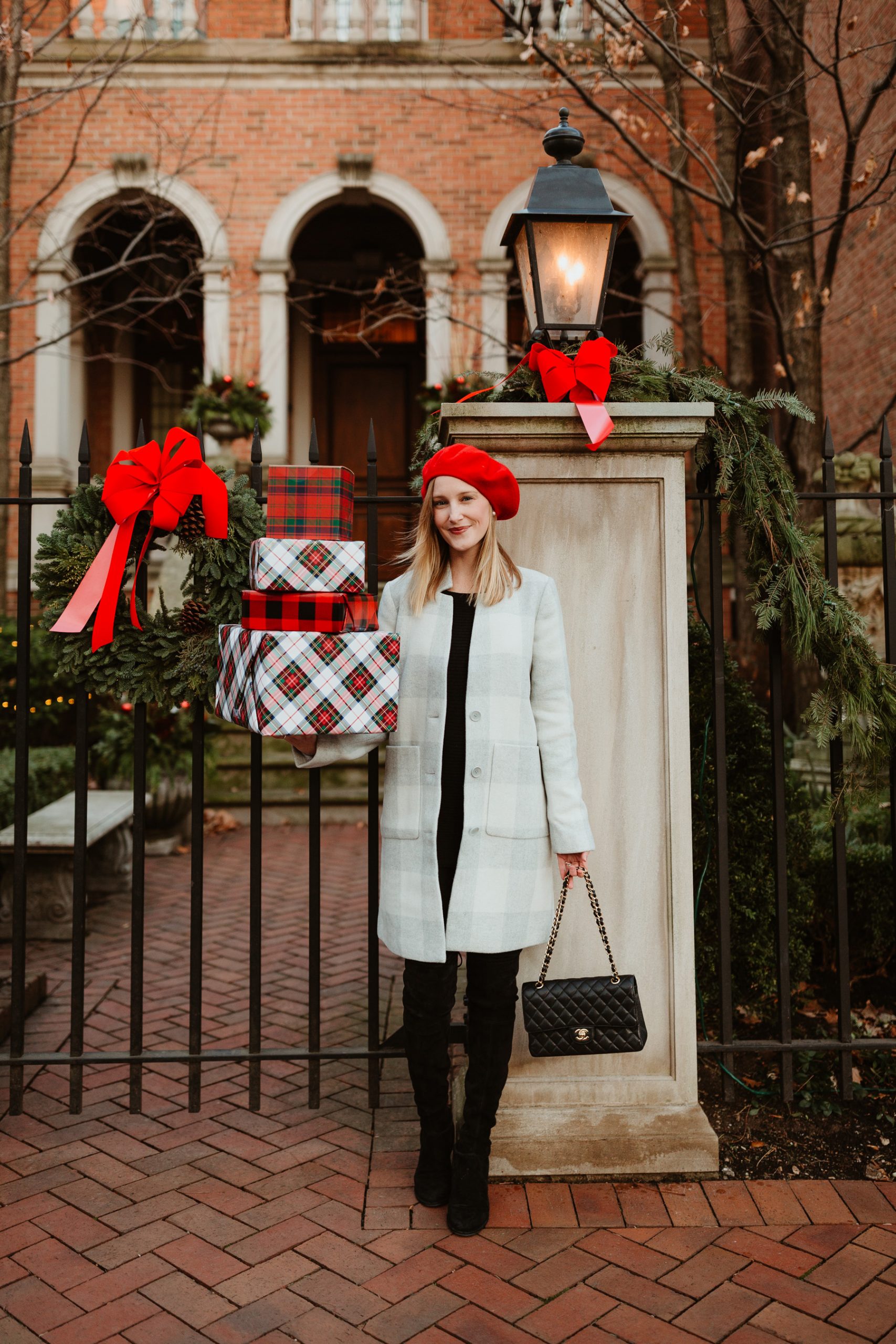 Grey Checked Car Coat with Black Dress and Red Beret — Car Coat Outfits