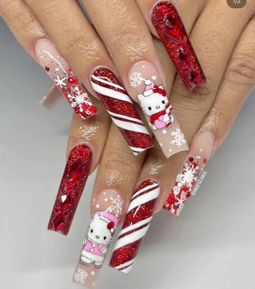 Extra-Long Coffin Festive Kitty Characters Extra-Long Coffin Festive Kitty Characters β Hello Kitty Christmas Nails 2026