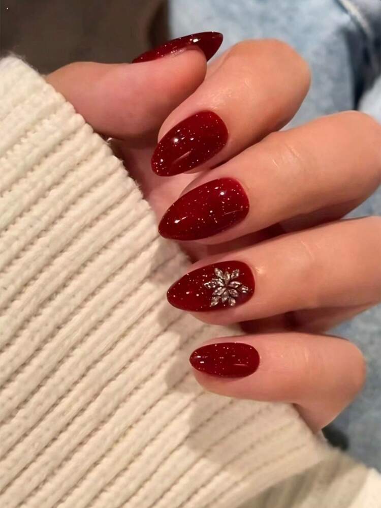 Short Oval Burgundy Snowflake Accent Short Oval Burgundy Snowflake Accent β Wine Christmas Nails 2026