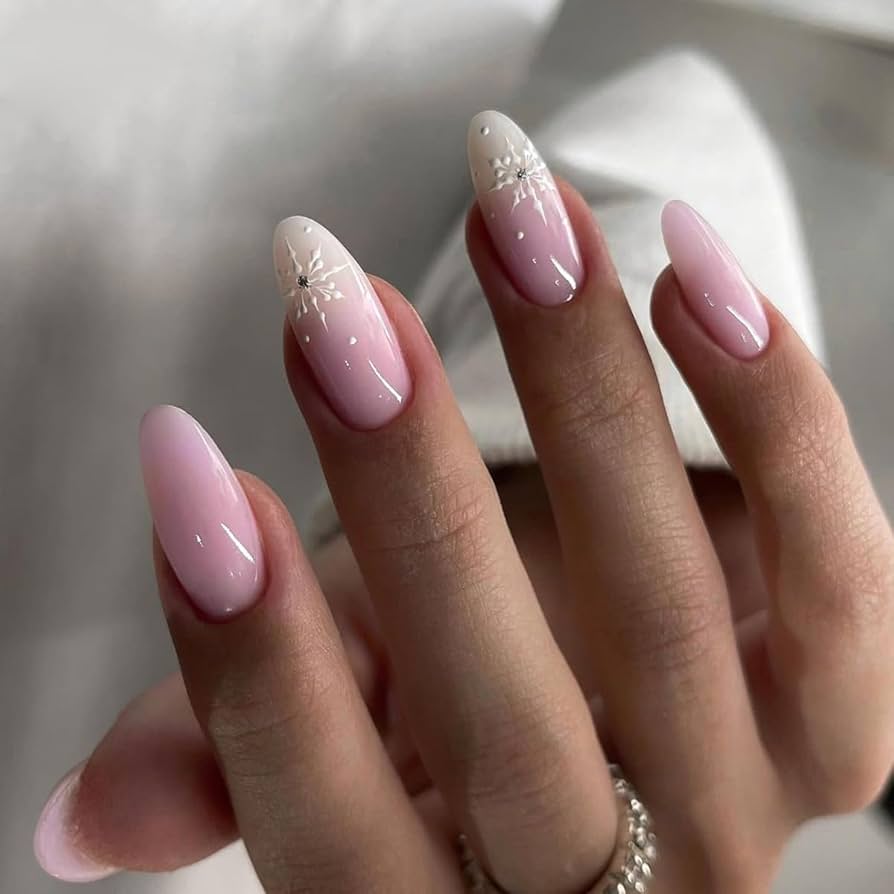 Glossy Pink Gradient Almonds with Gem Snowflakes Glossy Pink Gradient Almonds with Gem Snowflakes β Snowflake Nails