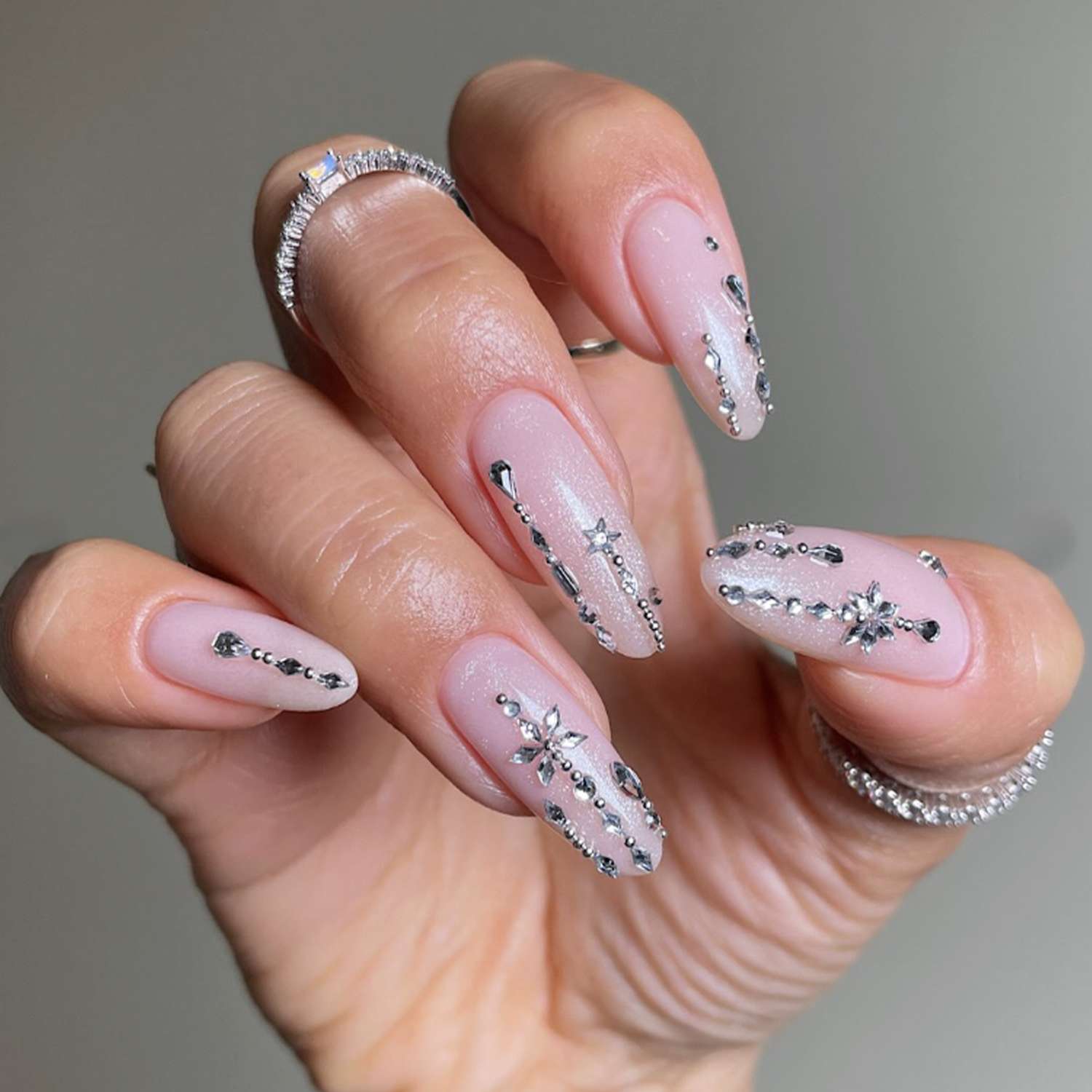 Sheer Pink Iridescent Rhinestone Stilettos Sheer Pink Iridescent Rhinestone Stilettos β Winter Birthday Nails