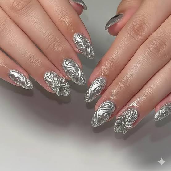 Silver Chrome Oval Nails with 3D Floral Art Silver Chrome Oval Nails with 3D Floral Art β Silver Chrome Nails