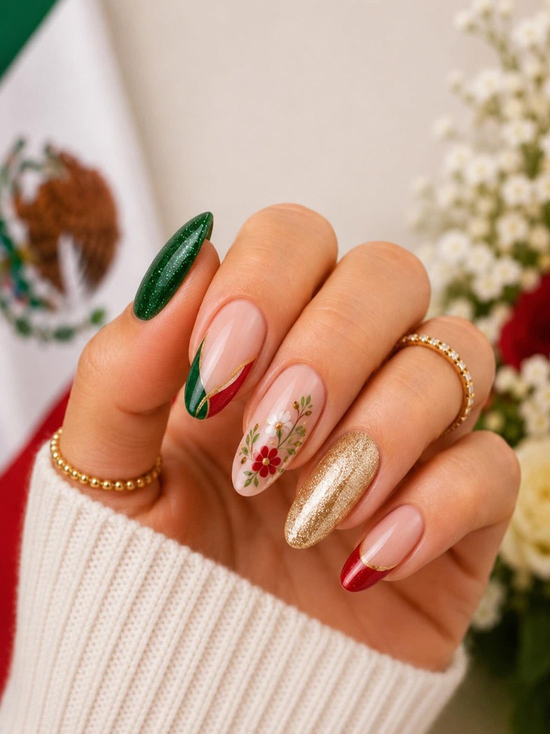 Nude Base Green Red Gold Visual Idea Nude Base Green Red Gold Visual Idea β Red and Green Christmas Nails 2026
