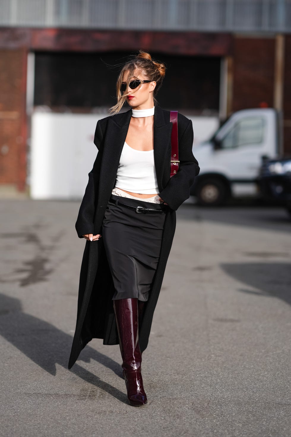 Black Maxi Coat with Burgundy Boots and Bag — Winter Going Out Outfits