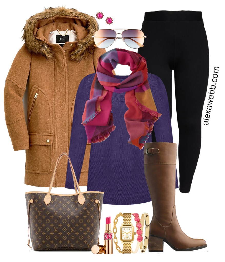 Cozy Parka Style: Black Leggings with Purple Sweater and Brown Parka Cozy Parka Style: Black Leggings with Purple Sweater and Brown Parka β Winter Outfits with Leggings