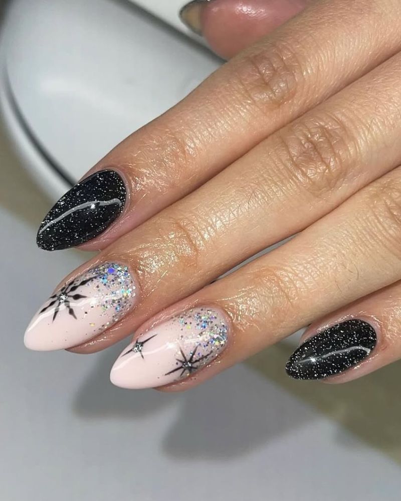 Winter Black Glitter with Pink Snowflake Accents — Winter Glitter Nails
