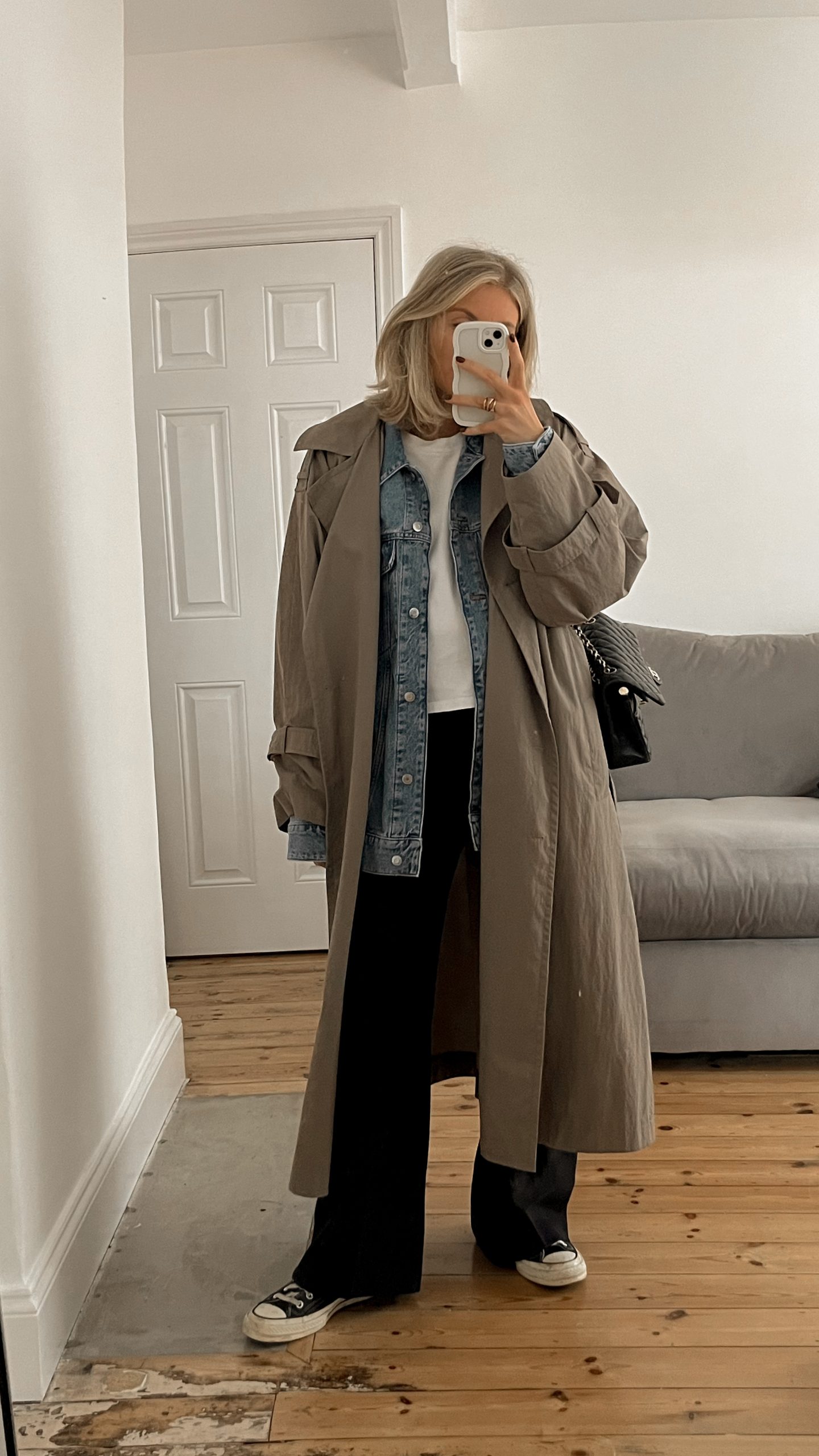 Layered Denim Jacket Under Beige Trench Coat Layered Denim Jacket Under Beige Trench Coat β Long Coat Outfits
