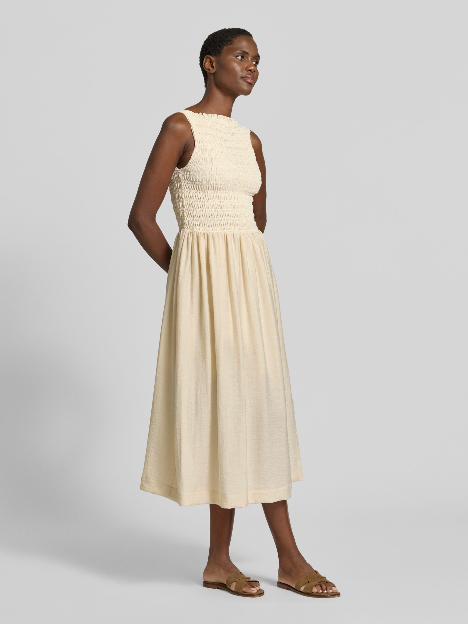 Cream Smocked Bodice Midi Dress with Slide Sandals — Sweater Dress Outfits
