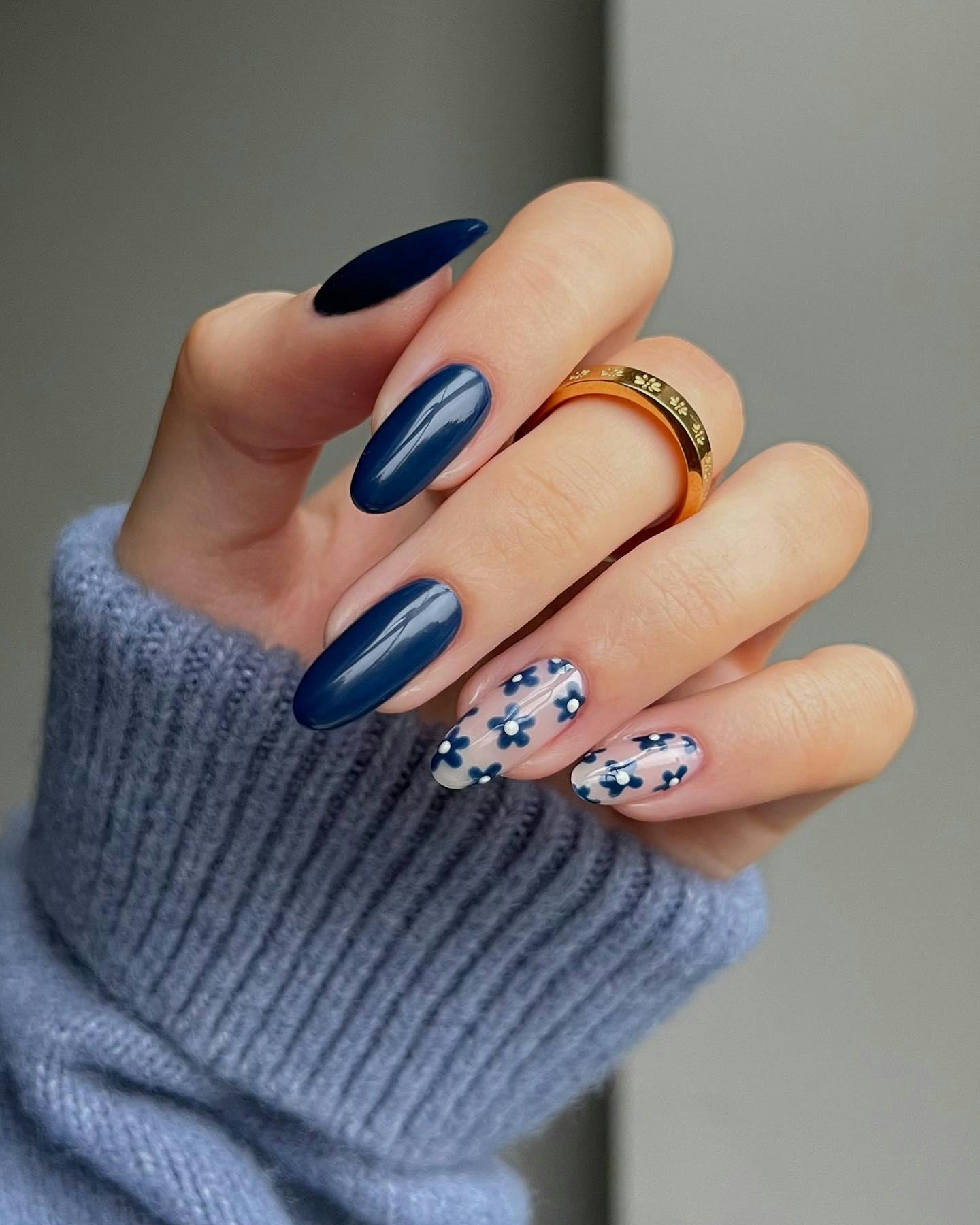Navy Blue with Delicate Blue Floral Accents — Winter Date Night Nails