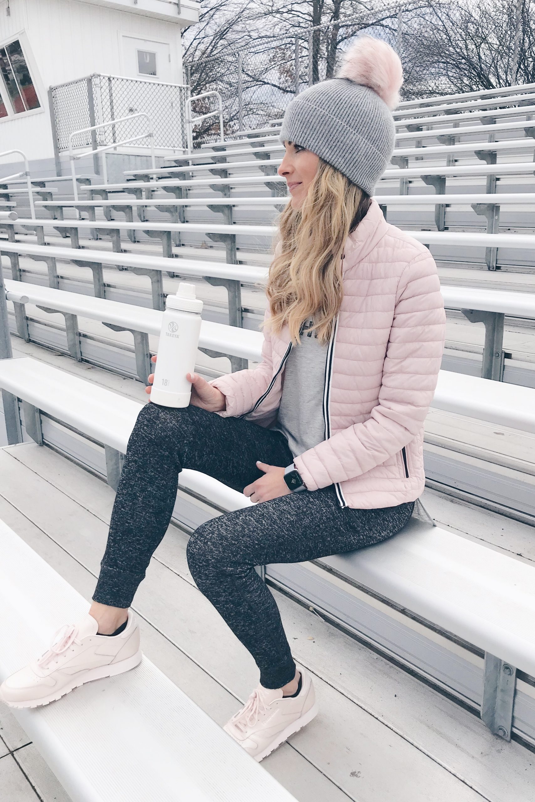 Pink Quilted Puffer Jacket with Grey Tee and Joggers Pink Quilted Puffer Jacket with Grey Tee and Joggers β Winter Athleisure Outfits
