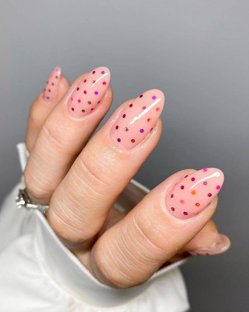 Sheer Pink With Scattered Colorful Dots Sheer Pink With Scattered Colorful Dots β Winter Nail Colors for Women Over 40