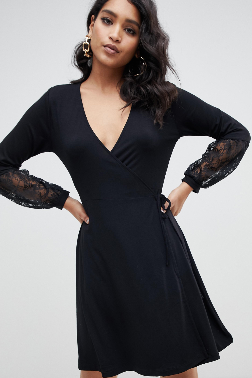 Black Wrap Dress with Delicate Lace Sleeves — Winter Wedding Guest Outfits